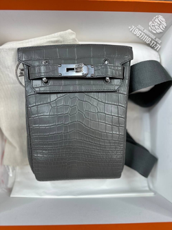 Нагрудная сумка слинг Hermes Kelly (Messenger) из кожи крокодила, тёмно синяя