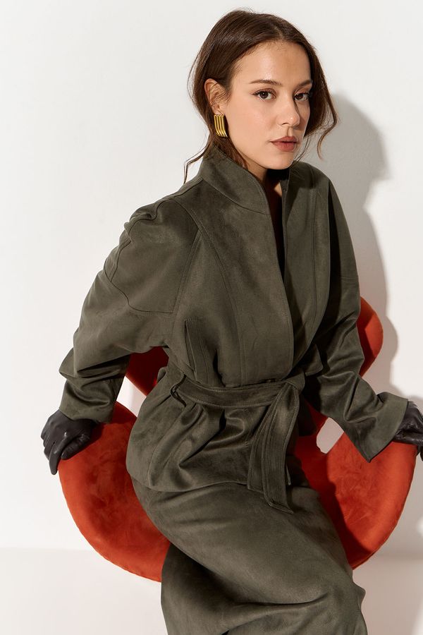 Куртка из экозамши с воротником стойкой цвета хаки