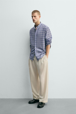 ZARA РУБАШКА RELAXED FIT В КЛЕТКУ, СИНИЙ МЕЛАНЖ
