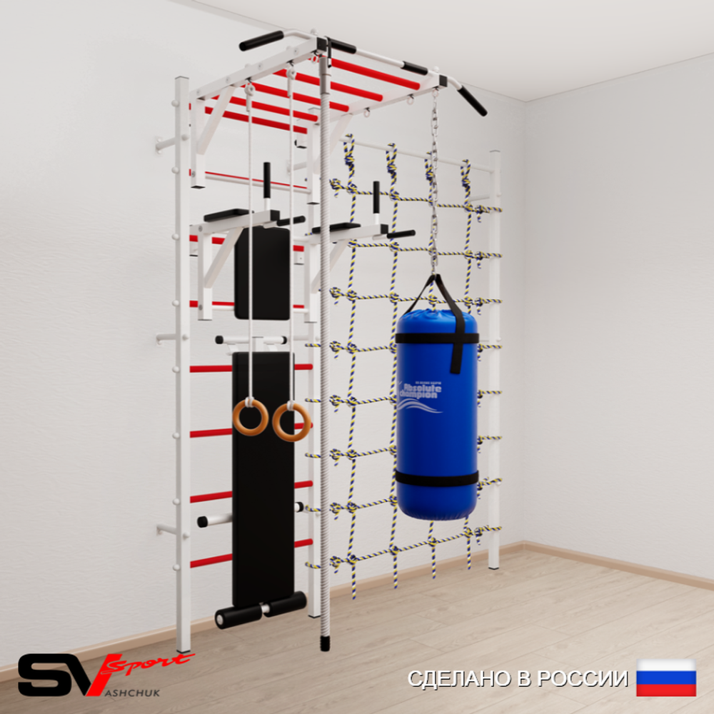 Шведская стенка Sv Sport усиленная 65430 (Турник рукоход/Брусья/Скамья/Канат/Кольца/Цепь/Мешок 30кг/Канатный лаз)