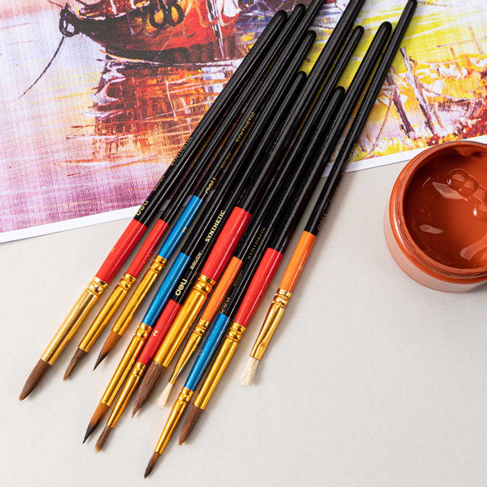 Набор кистей DELI "Color Emotion", 10 шт в уп., Пони №2,3,4,5,6, Щетина №6,8, Синтетика №2,3,4