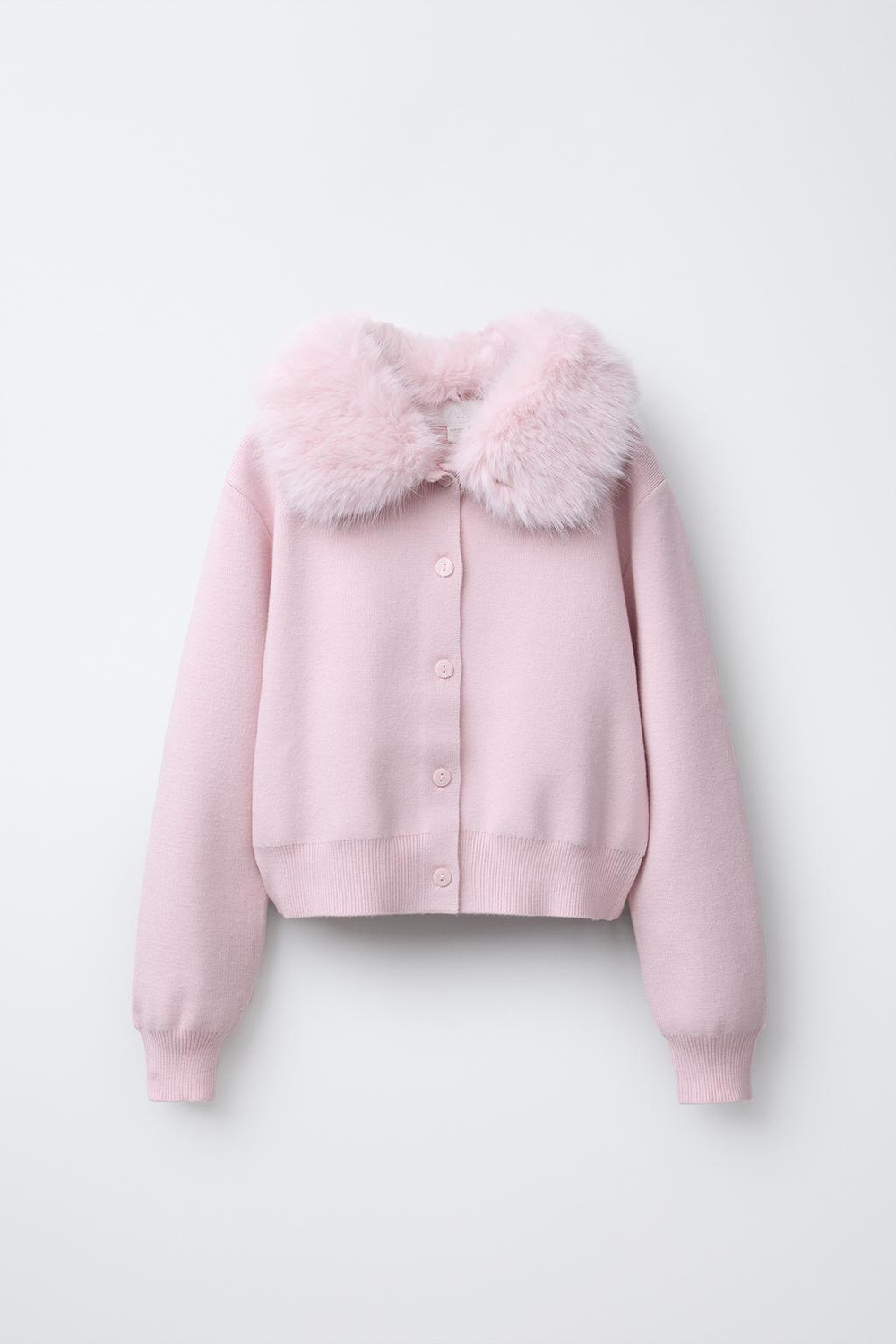 ZARA ТРИКОТАЖНЫЙ КАРДИГАН СО СЪЕМНЫМ ВОРОТНИКОМ ИЗ ИСКУССТВЕННОГО МЕХА, РОЗОВЫЙ