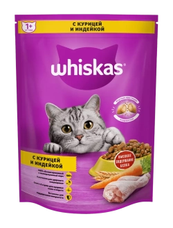 Whiskas корм для кошек с курицей и индейкой, подушечки с паштетом