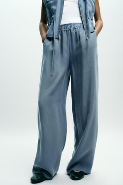 ZARA ШИРОКИЕ БРЮКИ ИЗ МЯГКОЙ ТКАНИ, СЕРО-СИНИЙ