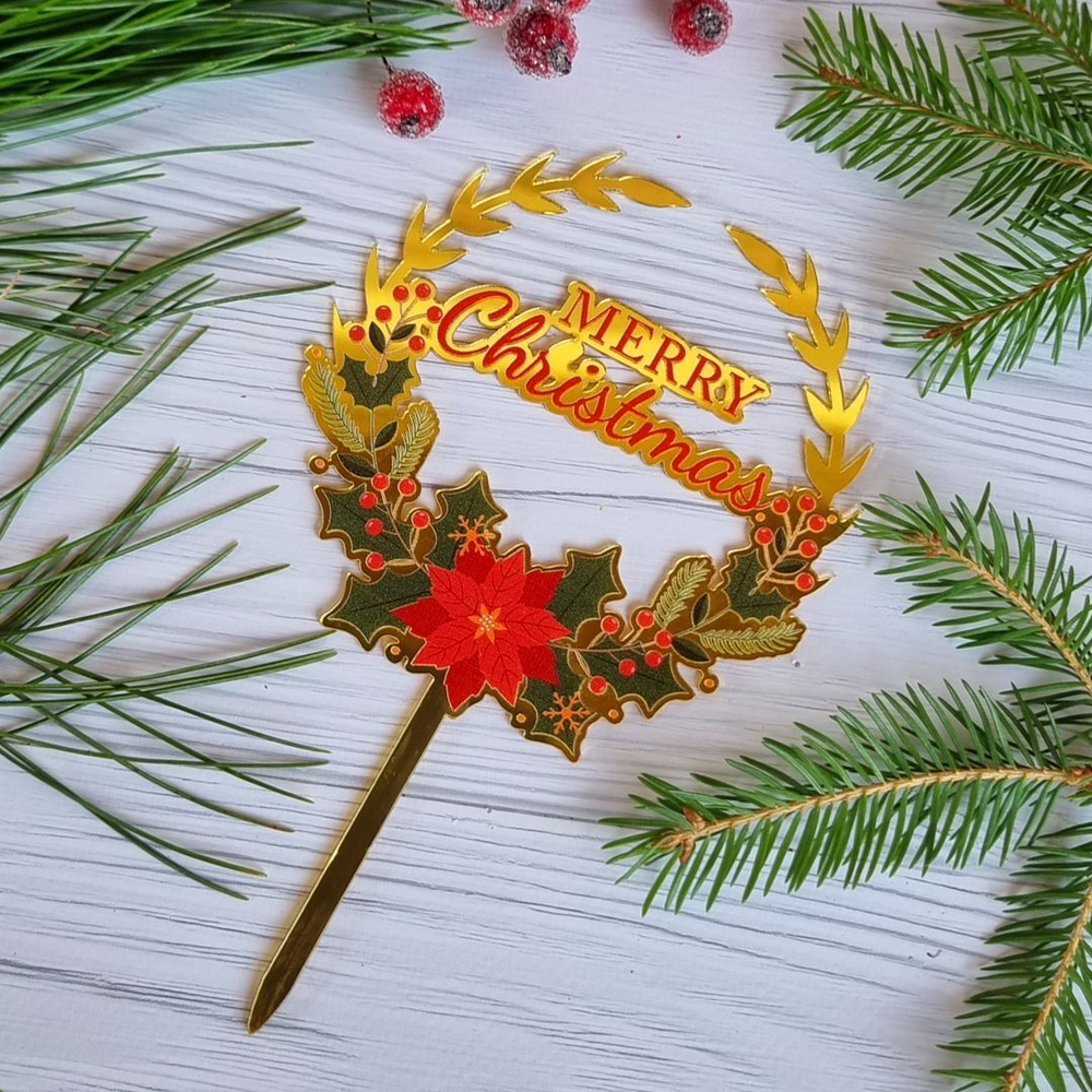 Топпер «Merry Christmas» рождественский венок с красным цветком