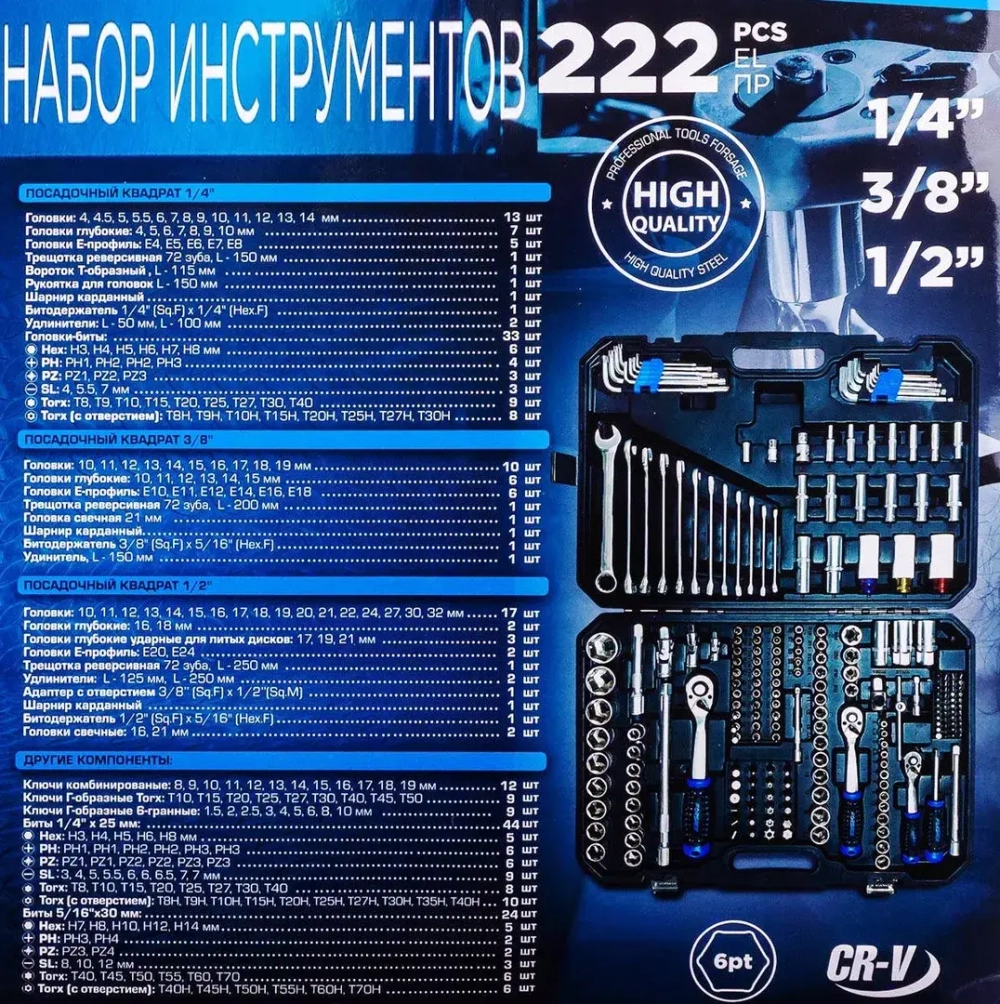 Набор инструментов 222пр. 1/4''3/8''1/2''6гр Forsage LIGHT F LIGHT-42222-5