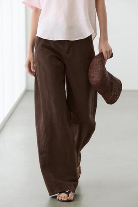 Massimo Dutti Брюки из смесовой льняной ткани с декоративной строчкой, шоколадный