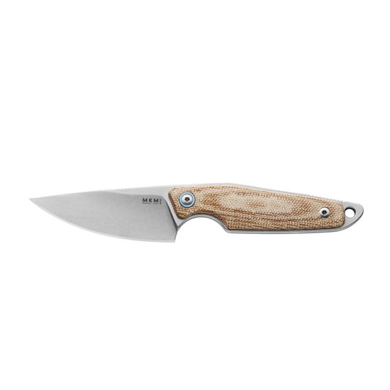 Нож фикс."MAKRO1", ст.Bohler M390,кл.StoneWash, рук.беж.микарта,отверст.д/темл.,черн.кож.чехол на магните