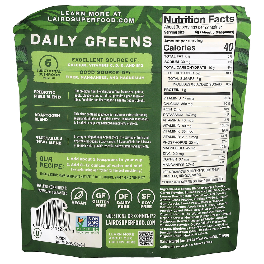 Laird Superfood, Пребиотик Daily Greens, 420 г (14,8 унции)