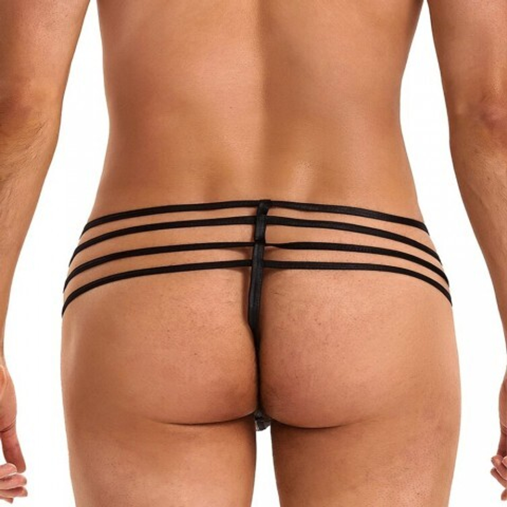 Кожаные мужские стринги Ohyeah Zipper Black, на молнии со стрепами, XL