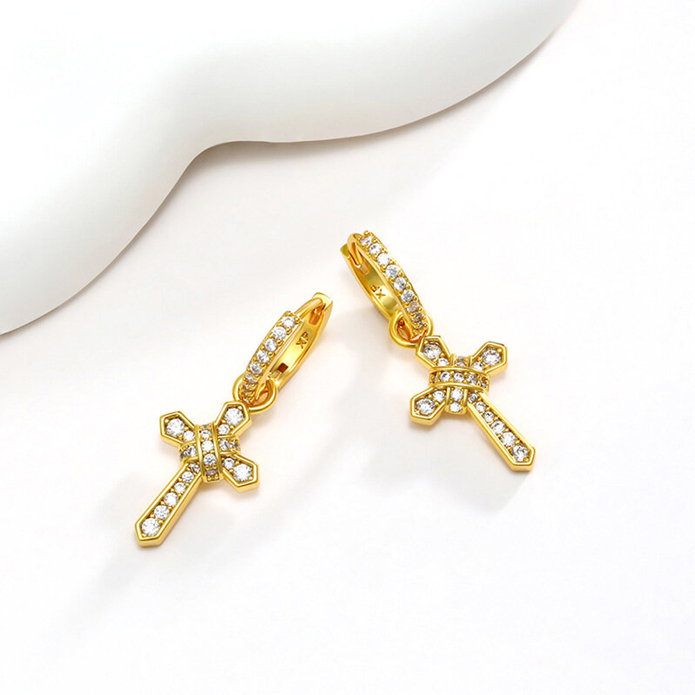 Серьги кольца конго с подвесками бижутерия, кресты со стразами золото