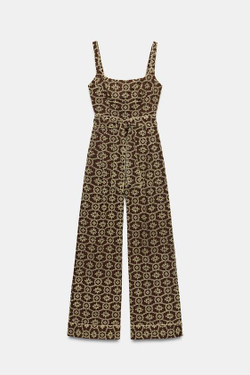 ZARA КОМБИНЕЗОН С ПЕРФОРИРОВАННОЙ ВЫШИВКОЙ И ПОЯСОМ, КОРИЧНЕВЫЙ/ЭКРЮ