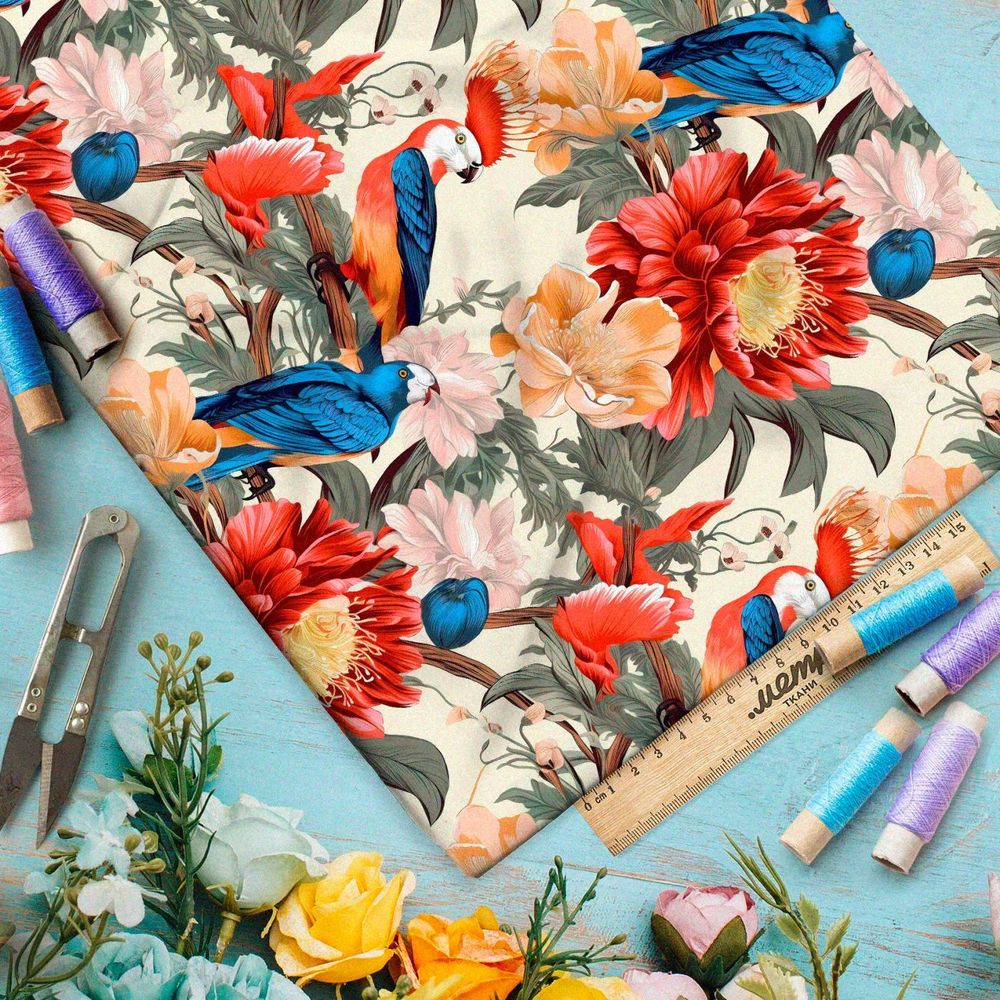 Ткань премиум интерлок экзотические птицы