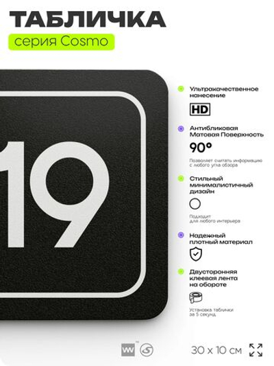 Таблички с номером аудитории "Аудитория №19", для офиса, 30 х 10 см, серия COSMO 3010, черная, Айдентика Технолоджи