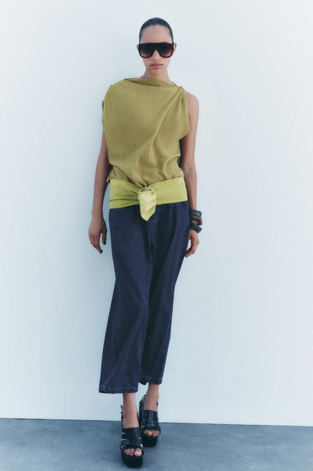 ZARA ТОП АСИММЕТРИЧНОГО КРОЯ В СТИЛЕ РУСТИК, СВЕТЛО-ОЛИВКОВЫЙ