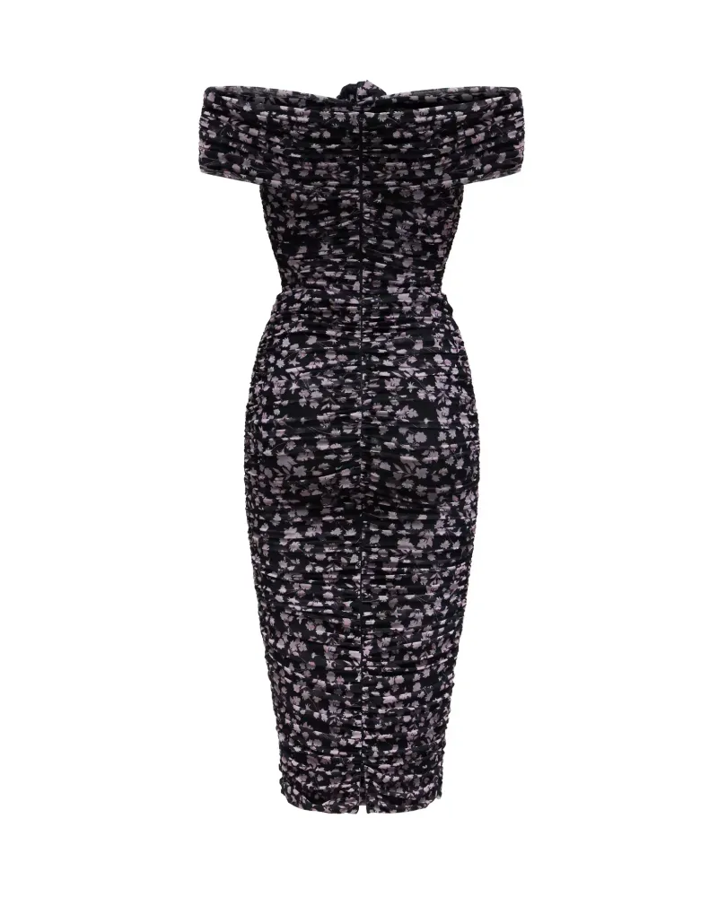 Iren rose midi, платье миди драпированное из черной сетки с мелкими светло-розовыми цветами и розой