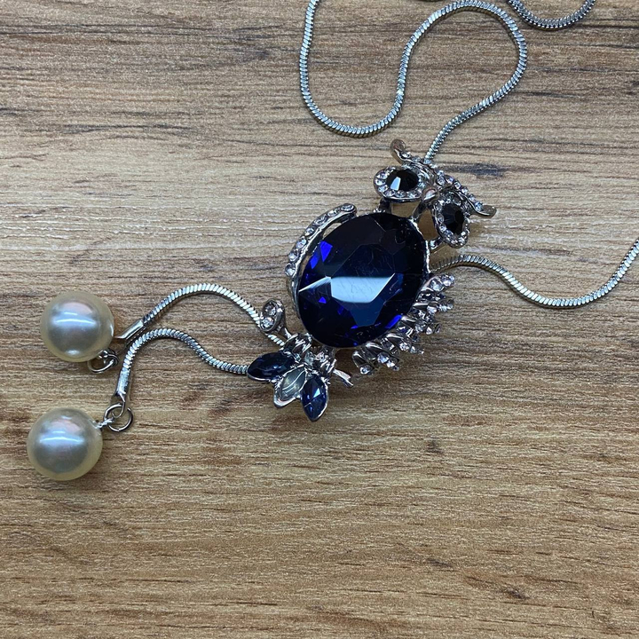 Кулон Сова кристалл цвет синий на цепочке с двумя концами жемчужинки металл серебристый