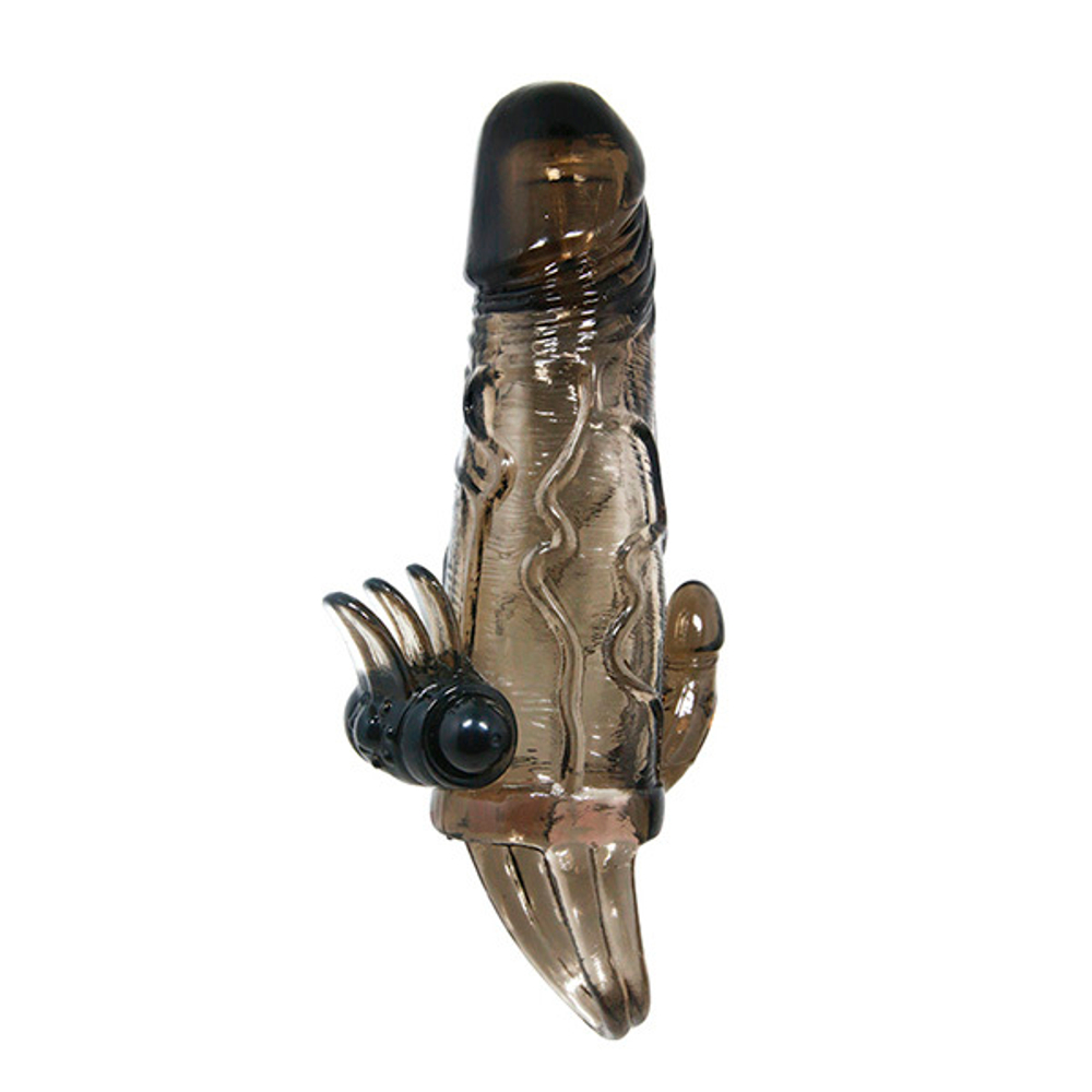 Дымчатая удлиняющая вибронасадка 15см с отростком для преданусного массажа Baile Brave Man BI-026223A-1