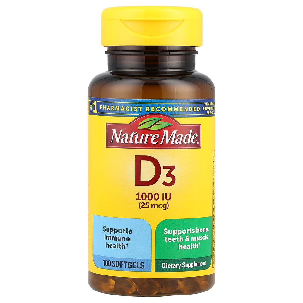 Nature Made, Витамин D3, 25 мкг (1000 МЕ), 100 мягких таблеток