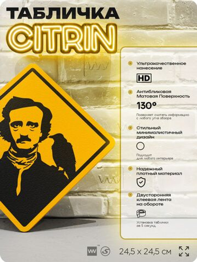 Табличка декоративная "Эдгар Аллан По" на дверь и стену, прикольная штука в подарок, декоративный знак, 24,5х24,5 см, пластиковая, Айдентика Технолоджи