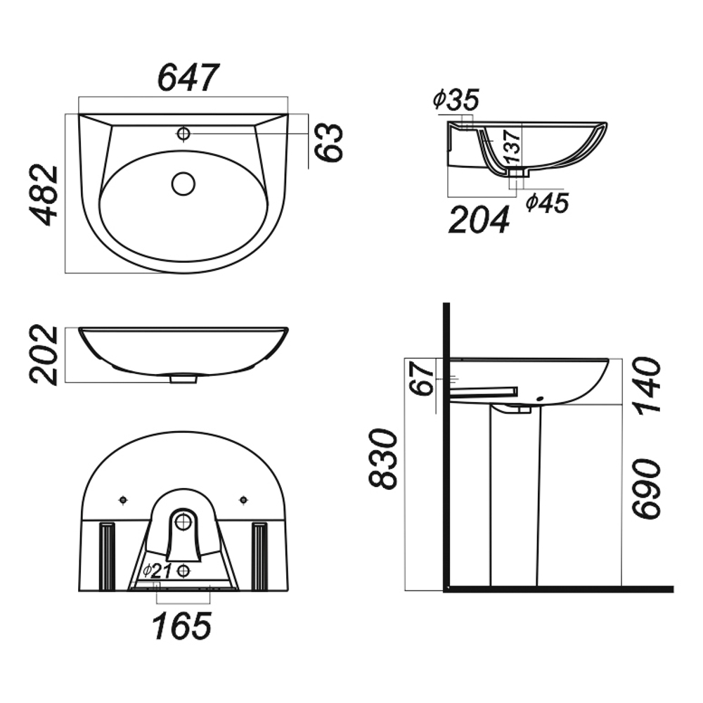 Умывальник-тюльпан "Classic-65" с отв (Sanita Luxe)