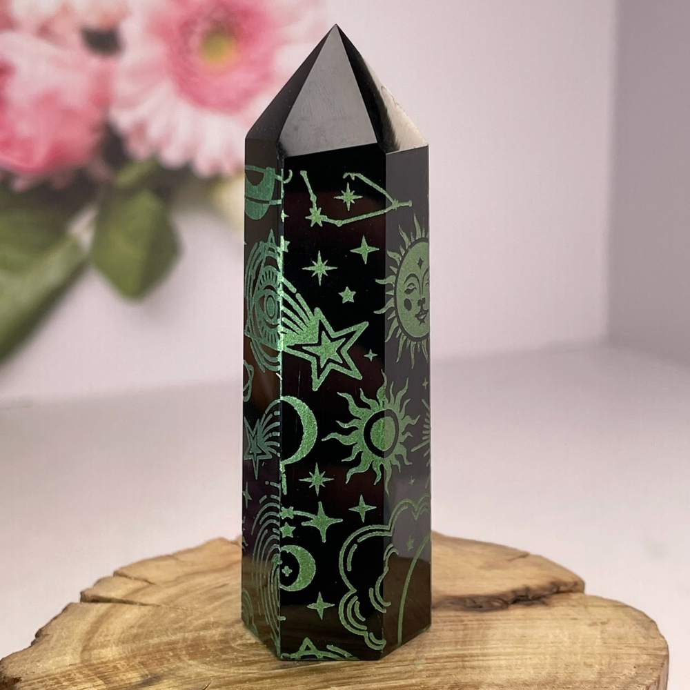 47383 Обсидиан Кристалл с рисунком змеи и созвездия 78мм