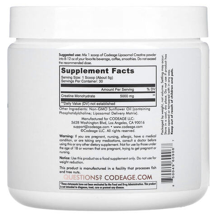 Codeage, Liposomal, порошок моногидрата креатина, без добавок, 151,5 г (5,34 унции)
