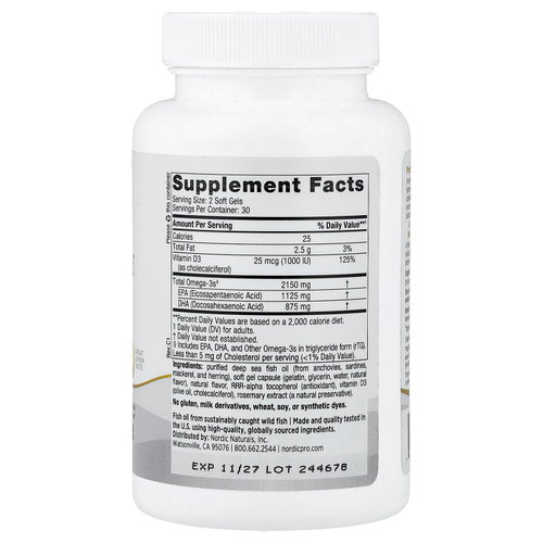 Nordic Naturals, ProOmega 2000-D, Лимон, 1250 мг, 60 мягких таблеток