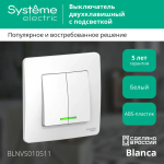 BLANCA С/У 2-клавишный ВЫКЛЮЧАТЕЛЬ (сх.5) с подсветкой, 10А, 250В, БЕЛЫЙ
