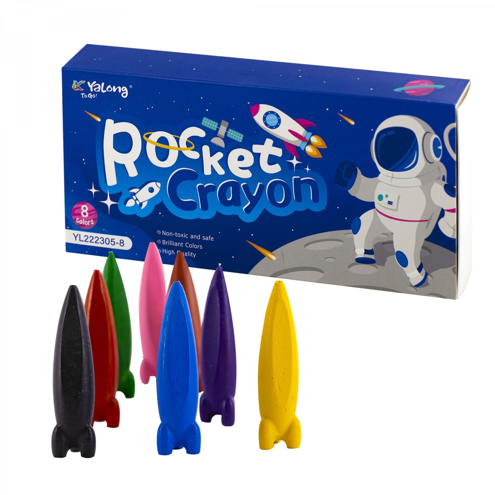 Мелки восковые Yalong 8 цв., "Rocket Crayon", фигурные, форма-ракета, картонная упаковка