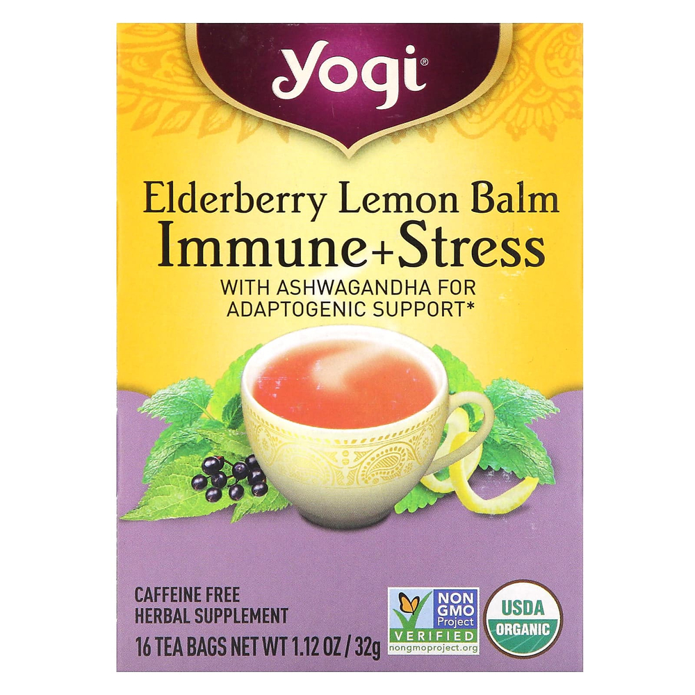 Yogi Tea, Мелисса с бузиной, для иммунитета и стресса, без кофеина, 16 чайных пакетиков, 32 г (1,12 унции)