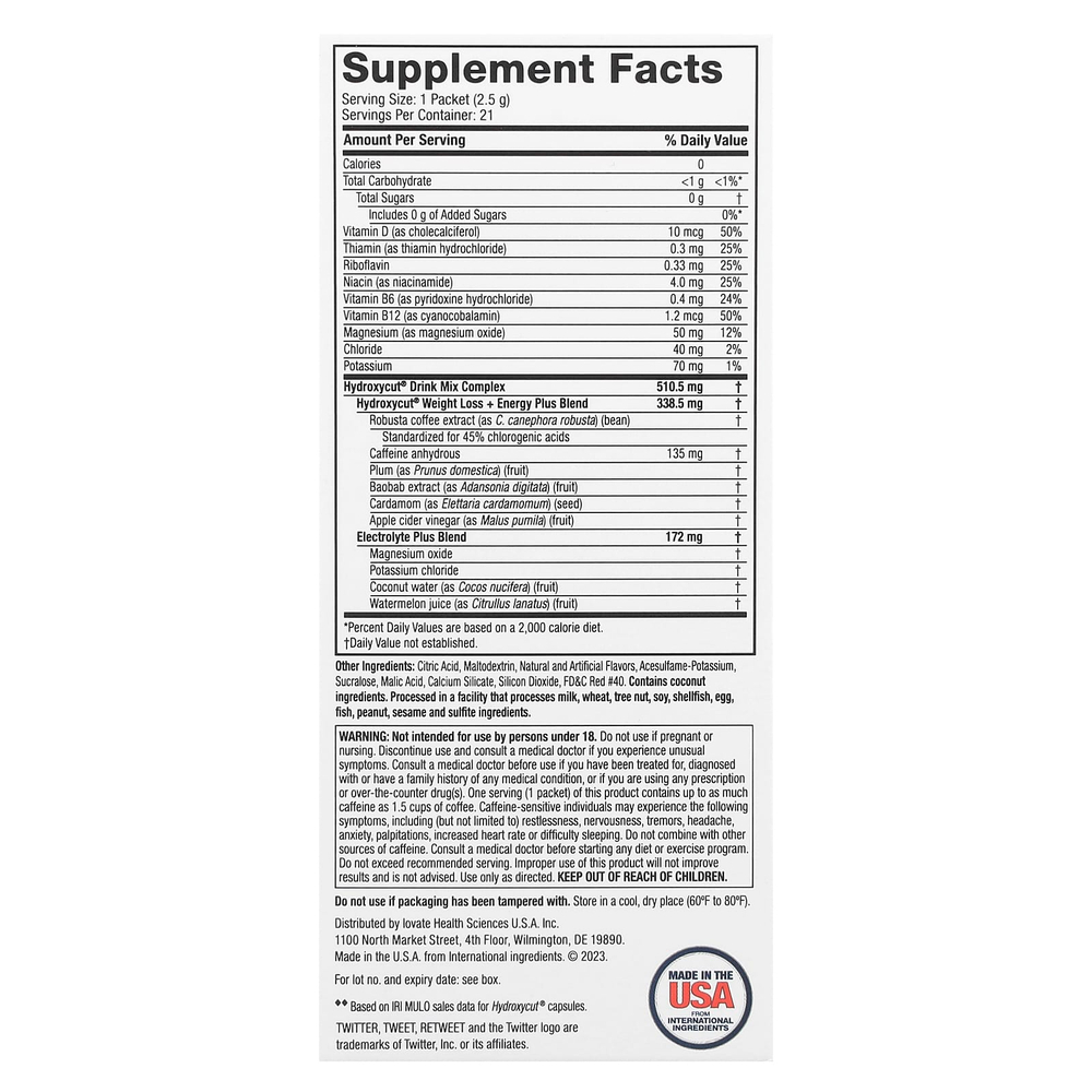Hydroxycut, смесь с электролитами для приготовления напитка для снижения веса, со вкусом лесных ягод, 21 пакетик по 2,5 г (0,09 унции)