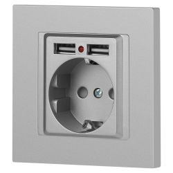 Розетка Intro Accent 6-410-03 с заземлением 2P+E Schuko со шторками 16А-250В + 2хUSB IP20 СУ алюминий | 