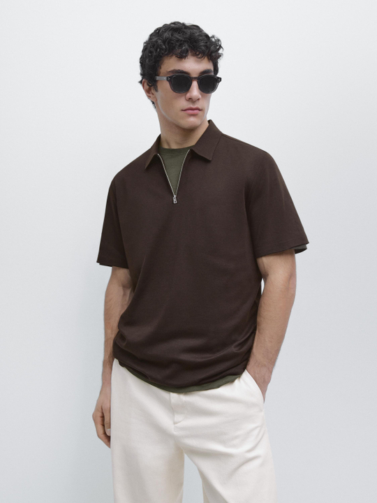 Massimo Dutti Поло с короткими рукавами и молнией, шоколадный