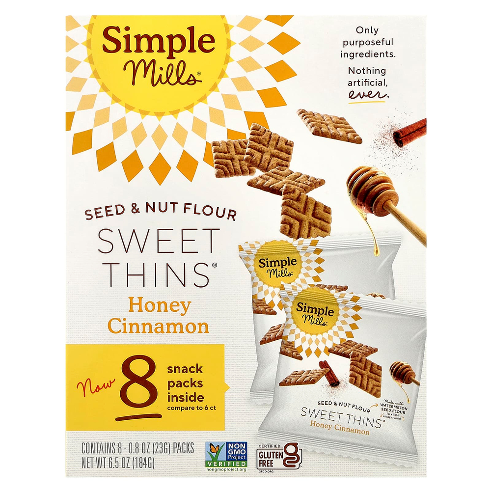 Simple Mills, Мука из семян и орехов, Sweet Thins®, мед и корица, 8 пакетиков по 23 г (0,8 унции)