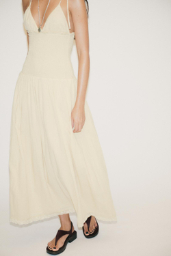 ZARA КОМБИНИРОВАННОЕ ПЛАТЬЕ МИДИ В РУБЧИК, БЕЖЕВЫЙ