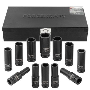 Набор головок ударных глубоких 12пр.,1/2''6гр.(10,12-19,21,22,24мм), в металлическом кейсе FORCEKRAFT FK-4127-5MPB