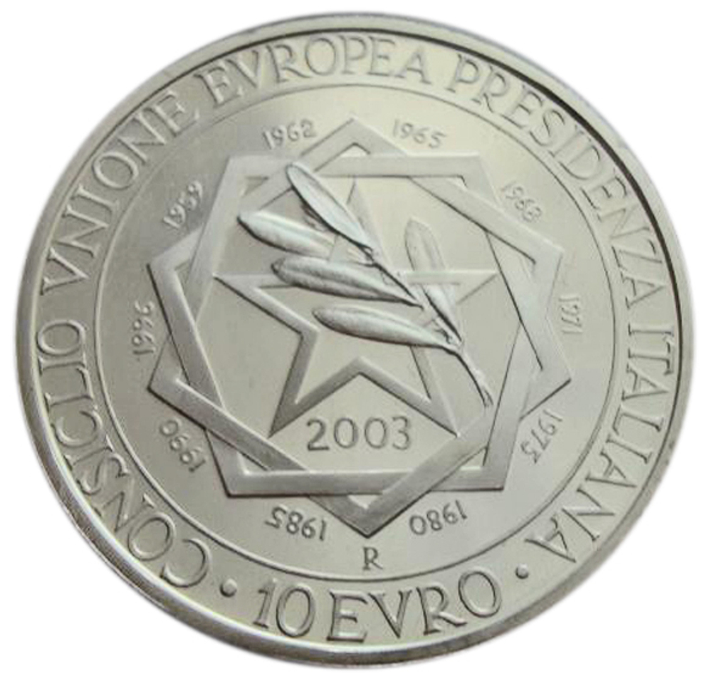 10 евро. Президентство Италии Евросоюз. 2003 г. Серебро