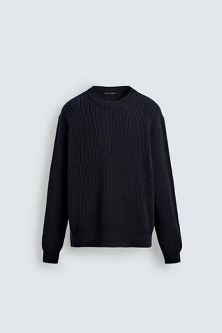 ZARA ДЖЕМПЕР РЕЛЬЕФНОЙ ВЯЗКИ В РУБЧИК, МОРСКОЙ СИНИЙ