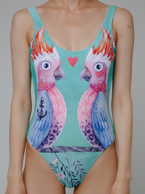 Купальник слитный с декольте Попугаи голубые