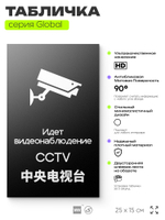 Табличка Ведется видеонаблюдение, на дверь и стену, информационная и мультиязычная (русский, английский, китайский), серия GLOBAL, 25х15 см, Айдентика Технолоджи