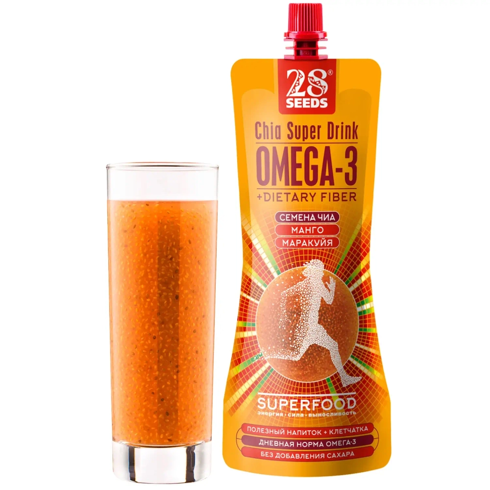 Напиток ЧИА ОМЕГА-3 «Манго + Маракуйя» 250 мл — напиток с семенами чиа в стакане