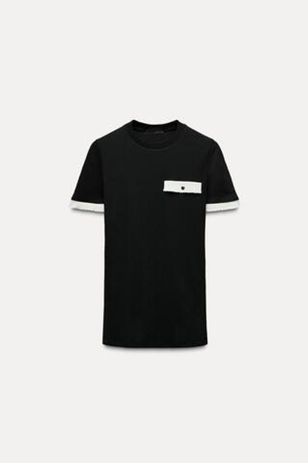 ZARA ФУТБОЛКА С КОНТРАСТНОЙ ОКАНТОВКОЙ, ЧЕРНЫЙ
