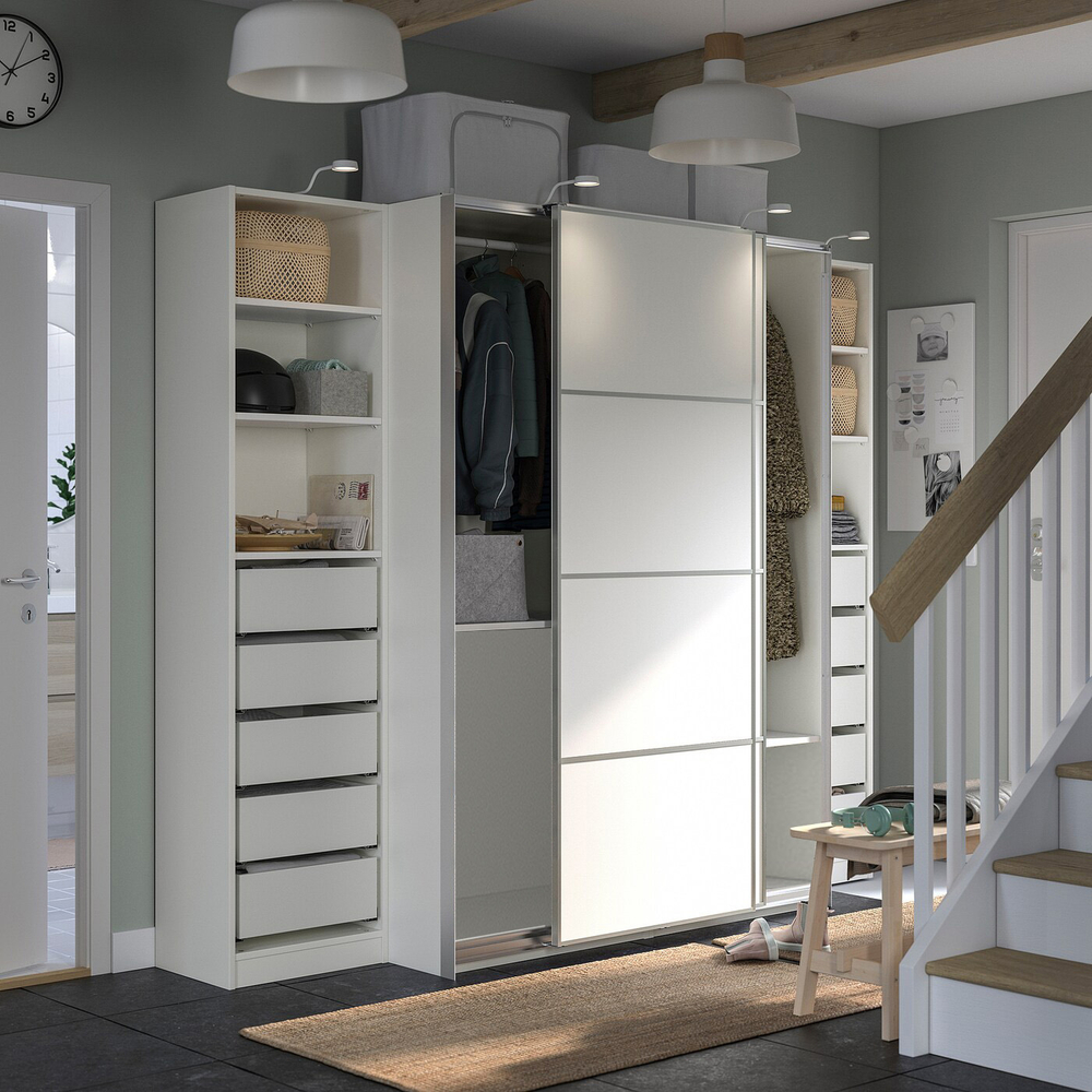 Гардероб PAX MEHAMN с 2 дверями-купе, 6 полками, 10 ящиками и 2 штангами (белый)  190*45*260