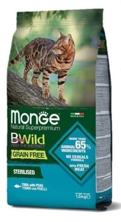 Сухой корм Monge Cat BWild GRAIN FREE для стерилизованных кошек, беззерновой, из тунца, пакет 1,5 кг