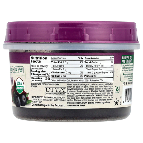 BareOrganics, Лиофилизированные необработанные органические ягоды асаи, 114 г (4 унции)