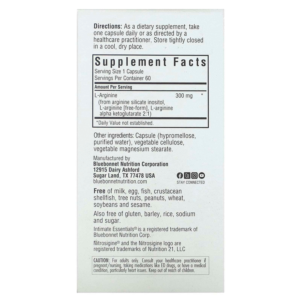 Bluebonnet Nutrition, Intimate Essentials, Nitro, для мужчин и для нее, 60 растительных капсул (300 мг в 1 капсуле)