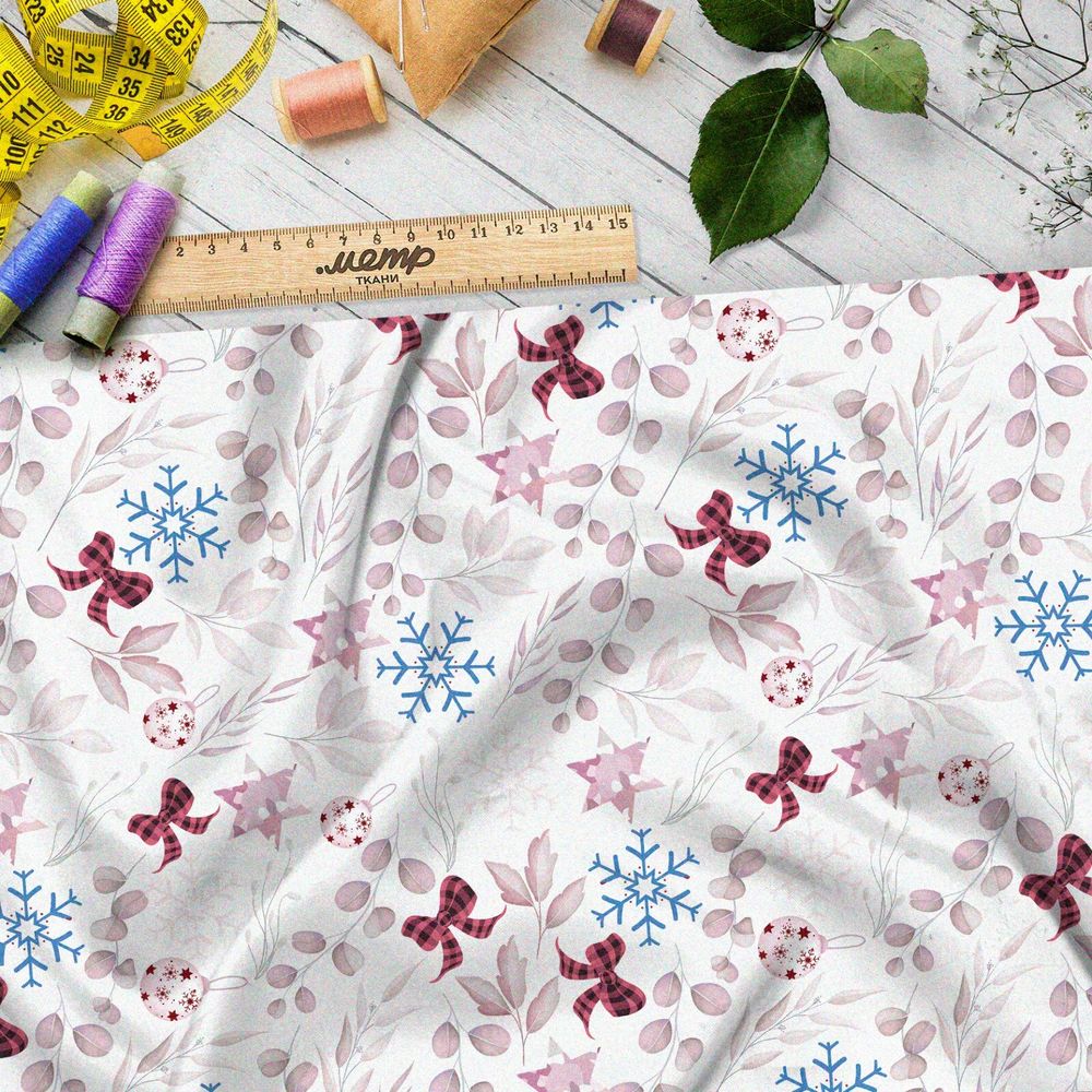 Ткань атлас красные листья, клетчатые банты и снежинки
