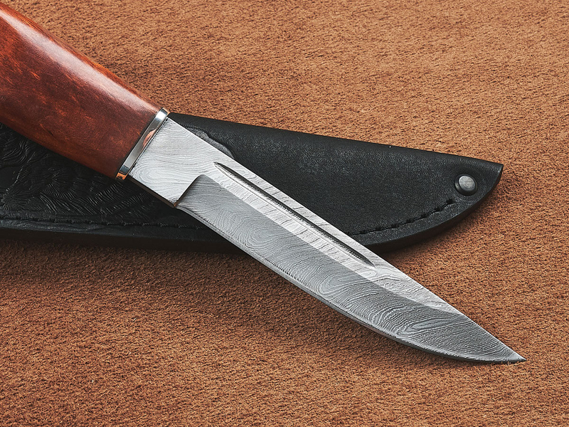 Финский нож Пуукко, дамасская сталь, рукоять мореная карельская берёза