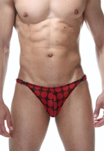 Мужские трусы-тонги в крупный красный горох (Размер: L-XL) (Цвет: красный с черным)